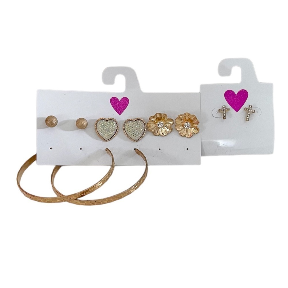 5-Piece Gold-Tone Heart & Cross Earrings and Large Hoops Earring Set